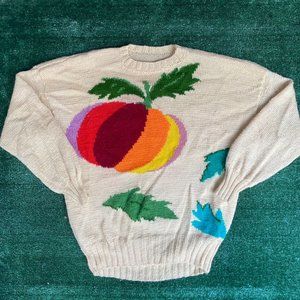 Vintage 80s Pumpkin Gourd Crewneck Sweater Botanical Art Knit Colorful Tan M